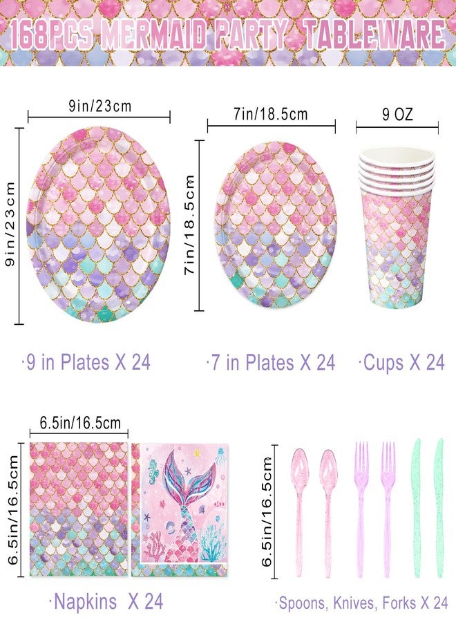 QIYANPAX 168Pcs Mermaid Birthday Decorations Mermaid Party Supplies Includes Plates, Napkins, Cups, Cutlery for Girls Baby Shower Ocean Birthday Party Decorations, Serves 24 - Image 2